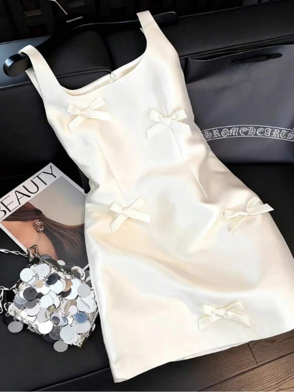 French Style Bow Tie Acetate Camisole Mini Dress,Cream White Summer